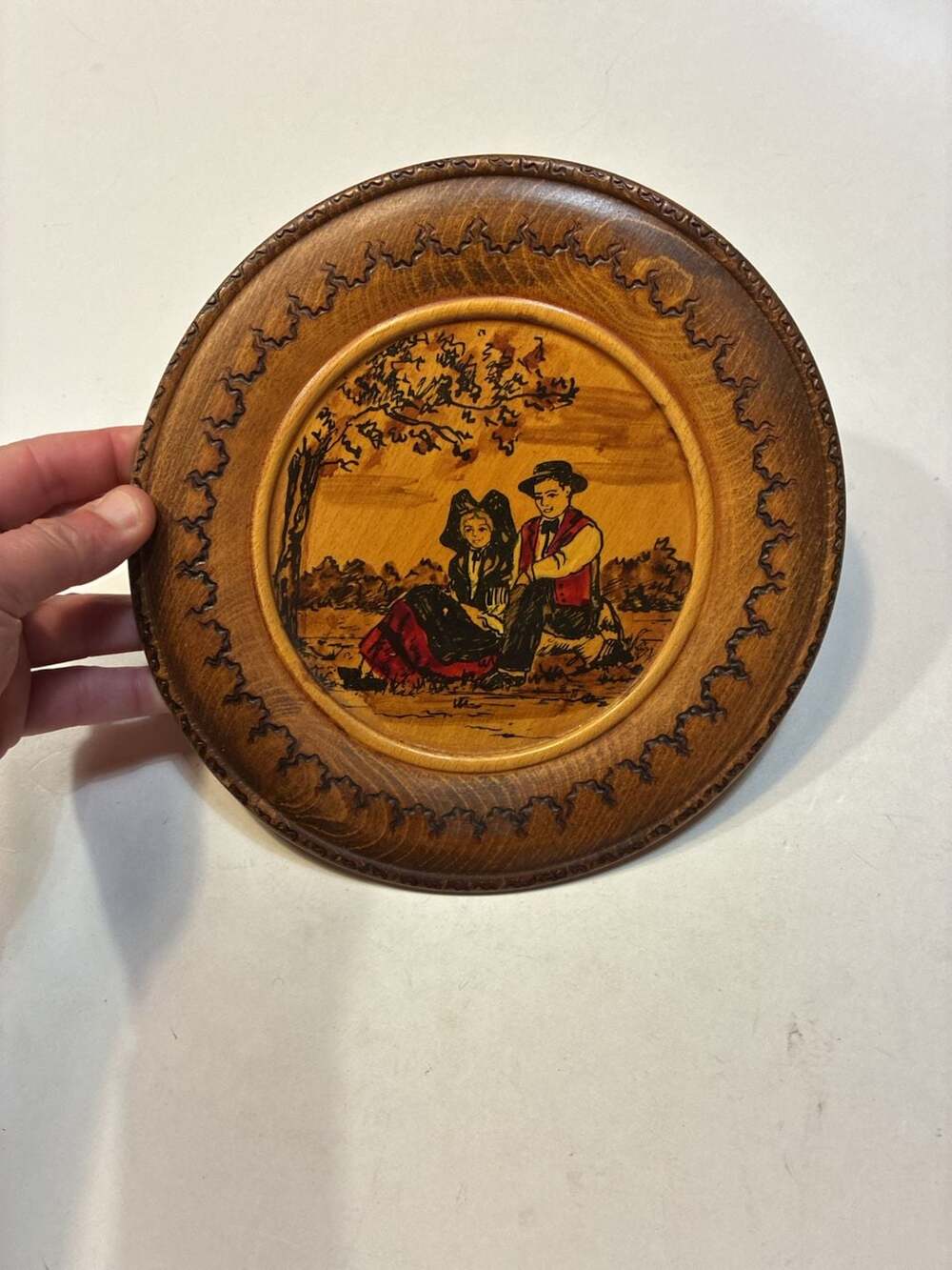 Vintage Hand-Painted Folk Art Wooden Wall Plate featuring European Couple